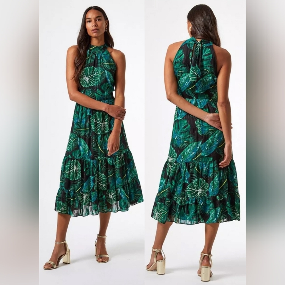 DOROTHY PERKINS Tropical Halter NeckTiered A-Line Midi Dress